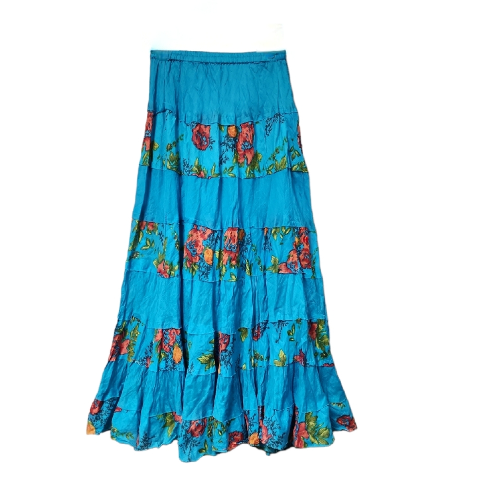 Derek Heart Teal Blue Layered Gypsy Style Skirt with Floral Design Size Small